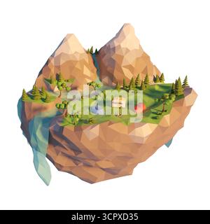 camping 3d bas poly, une tente, feu de joie près de la rivière. Camping van dans les montagnes. Concept d'activité extérieure estivale. illustration de rendu 3d. Banque D'Images