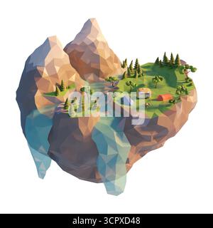 Concept d'activité extérieure estivale. camping 3d bas poly, une tente, feu de joie près de la rivière. Camping van dans les montagnes. illustration de rendu 3d. Banque D'Images