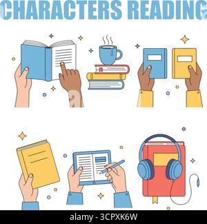 Personnages lisant, apprenant, étudiant avec des livres papier, ebook, livre audio et autres éléments de bibliothèque. Ensemble de concepts pédagogiques. Illustration vectorielle. Illustration de Vecteur