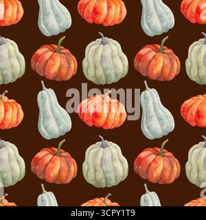 Un motif sans couture de diverses citrouilles. Illustration à l'aquarelle dessinée à la main de légumes, isolés. Ingrédient alimentaire naturel. Fond d'automne pour Banque D'Images