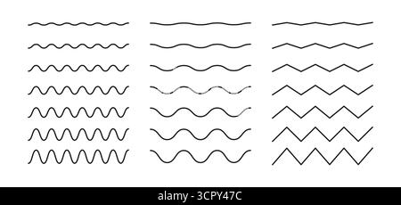 Lignes zigzag ondulées définies. Soulignement horizontal ondulé et zigzag vectoriel. Collection de lignes Waves. Motif ondulé d'ornement. Fond de ligne mince ondulée. Illustration de Vecteur