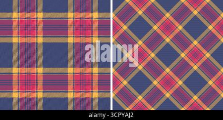 Textile plaid classique. Deux motifs tartan sans couture pour les arrière-plans, les vêtements ou les projets de conception graphique. Confortable polyvalent avec des teintes bleu marine et or rouge. Illustration de Vecteur