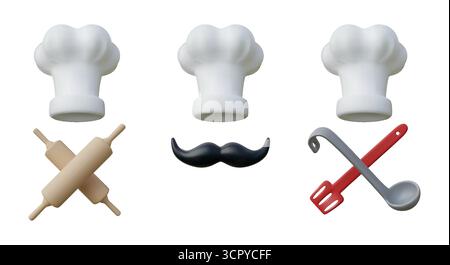Icône de chef 3D. Chapeau de cuisine. Ustensiles alimentaires professionnels ou uniforme d'usure fine. Rouleau de boulangerie. Louche de cuisson et toque. Rendre la moustache du boulanger. Couverts pour cuisinière. Préparation des repas. Ensemble de logo de dessin animé vectoriel Illustration de Vecteur