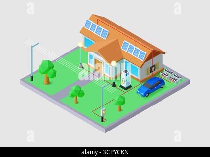 Énergie solaire. Panneaux d'accueil sur le toit. Batterie ECO. Sun Power pour la charge de la voiture. Stockage photovoltaïque. Construction 3D. Recharge intelligente. Grille pour plantes. Rendre la vue isométrique de la maison en plastique. Concept isolé de vecteur Illustration de Vecteur