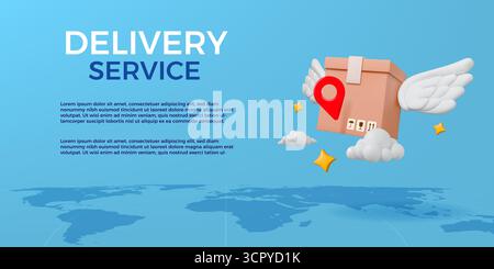 Boîte de distribution 3D. Livraison gratuite. Colis de chargement avec ailes. Fret en ligne rapide. Emballage en carton rapide. Modèle de bannière de service logistique. Code PIN de la carte de destination. Expédition de commande. Arrière-plan vectoriel Illustration de Vecteur