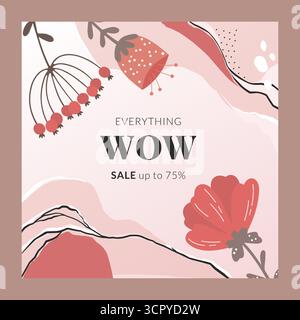 Carte de vente. Fleurs et feuilles printanières. Publiez des articles sur les médias sociaux à prix réduit Conception d'offre spéciale avec espace de copie. Élégant fond décoratif mignon floral. Illustration simple isolée à plat de dessin animé vectoriel Illustration de Vecteur