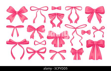 Ruban rose. Noeud cadeau mignon, noeud papillon coeur fille ou bowknot girly vintage. Carte de vacances, accessoires d'anniversaire. Emballage décoratif isolé et noeud de cheveux, enveloppant des objets en soie. Illustration vectorielle Illustration de Vecteur