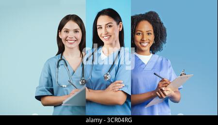 Collage présentant divers professionnels de la santé dans les gommages avec outils médicaux ai générative Banque D'Images