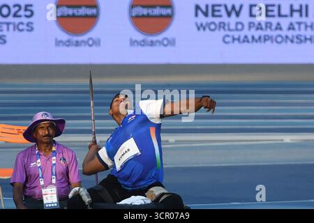 New Delhi, Inde. 28 septembre 2025. Parveen Kumar, indien, participe à la finale masculine du lancer Javelin F57 lors du World para Athletics 2025 au JLN Stadium de New Delhi, en Inde, le 28 septembre 2025. Photo Anshuman Akash/ABACAPRESS.COM crédit : Abaca Press/Alamy Live News Banque D'Images