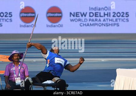 New Delhi, Inde. 28 septembre 2025. Parveen Kumar, indien, participe à la finale masculine du lancer Javelin F57 lors du World para Athletics 2025 au JLN Stadium de New Delhi, en Inde, le 28 septembre 2025. Photo Anshuman Akash/ABACAPRESS.COM crédit : Abaca Press/Alamy Live News Banque D'Images