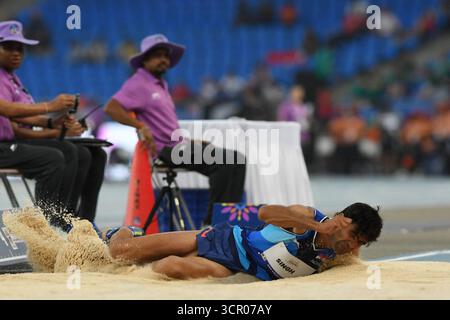 New Delhi, Inde. 28 septembre 2025. Ajay Singh de l'Inde participe à la finale masculine de saut en longueur T47 lors du World para Athletics 2025 au JLN Stadium de New Delhi, en Inde, le 28 septembre 2025. Photo Anshuman Akash/ABACAPRESS.COM crédit : Abaca Press/Alamy Live News Banque D'Images