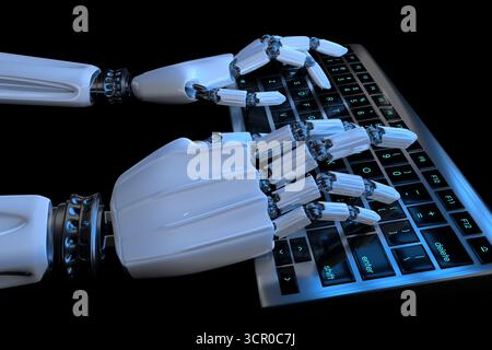 Concept d'apprentissage ai mains de robot tapant sur le clavier, le clavier. Bras robotique cyborg utilisant un ordinateur. 3d rend l'illustration réaliste. Banque D'Images