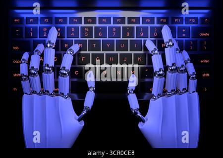 Mains robotiques futuristes tapant sur un clavier d'ordinateur portable rétroéclairé. Concept d'IA, d'automatisation et de codage haut de gamme. Perspective de vue supérieure. Banque D'Images