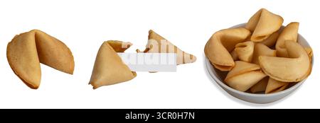 Golden Fortune cookies avec bande de papier vierge et collection de bol sur fond blanc Banque D'Images