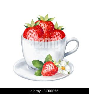 Tasse à thé avec fraise. Illustration dessinée à la main. Banque D'Images