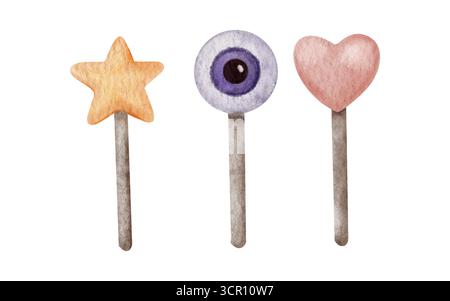 Ensemble de bonbons à friandises pour Halloween. Sucettes sur un bâton d'étoile, d'oeil et de forme de coeur. Illustration d'aquarelle dessinée à la main dans un style mignon isolé sur Banque D'Images