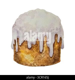 Illustration aquarelle gâteau panettone italien traditionnel avec glaçage au sucre blanc sur le dessus. Pour les emballages de nourriture de Noël cartes de vacances conception de menu marque de boulangerie et projets culinaires festifs. Banque D'Images