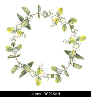 Illustration aquarelle d'une branche de baie de neige avec des baies blanches et une couronne de feuilles vertes dans un style botanique. Idéal pour les dessins de Noël, la décoration d'hiver, les calendriers de l'Avent, l'emballage et la papeterie. Banque D'Images