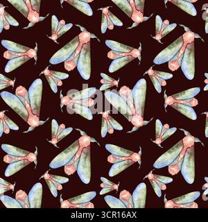 Motif aquarelle sans couture avec papillons de nuit avec des ailes vertes et bleues douces et des corps pelucheux roses dans un style naturaliste. Idéal pour les textiles, papeterie, emballages, papiers peints et cadeaux. Banque D'Images