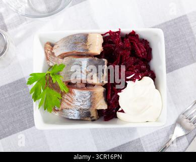 Salade de hareng appétissante avec betteraves, crème sure et persil dans une assiette blanche Banque D'Images