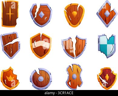Boucliers cassés icônes médiévales. Équipement de guerre pour la sécurité, la protection des outils endommagés. Divers élément de bouclier en bois métallique de style ancien, clipart vecteur sapid Illustration de Vecteur