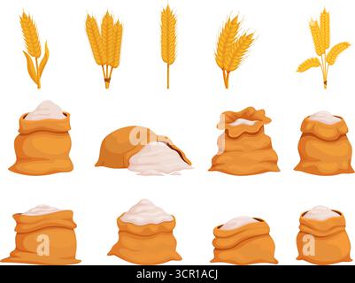 Épis de blé de dessin animé et farine. Récoltez les sacs textiles pleins de produits en vrac. Agriculture éléments agricoles, sacs de marché de récolte et plantes, vecteur sapide Illustration de Vecteur