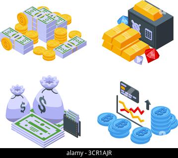 Piles isométriques d'argent et d'or. Piles de barres dorées, pièces de monnaie et billets de banque. Papiers financiers, obligations et coffre-fort avec bijoux. Investir et économiser de la vec astucieuse Illustration de Vecteur