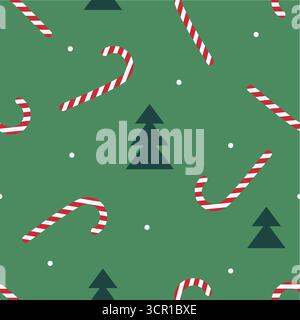 Motif de Noël mignon simple sans couture de sapin de Noël et canne de sucette rayée ou crochet sur fond vert.Endless nouvel an ornement.Backdrop Illustration de Vecteur