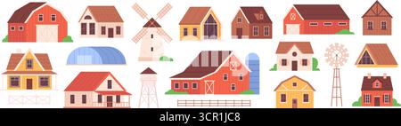 Bâtiments agricoles de campagne. Complexe agricole, maisons de campagne, entrepôt, grange rouge. Lait de dessin animé, stockage, château d'eau, clipart vecteur racé de clôture ou Illustration de Vecteur