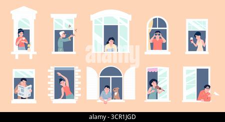 Les gens dans les fenêtres. Communauté de quartier, hommes femmes regardant dans la rue, lisant, buvant, jouant de la musique. Différents personnages voisins, récent Vect Illustration de Vecteur