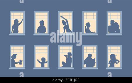 Silhouettes de fenêtres de personnes. Maison d'appartements avec silhouette de personne, voisins personnages. Appartements de nuit avec lumières, extérieur du bâtiment du soir, Re Illustration de Vecteur