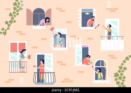 Les voisins partagent des choses. Les gens regardent par les fenêtres et se transmettent des objets différents, partageant le thé, le livre, buvant du vin ensemble. Bon voisin Illustration de Vecteur