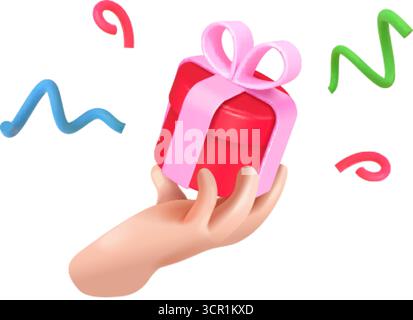 cadeau de main 3d. Bras donner boîte de cadeau sur l'événement de fête d'anniversaire, boîte-cadeau rouge avec ruban rose noeud confettis cadeau récompense gratuite prix surprise boutique Render Illustration de Vecteur