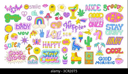 Lot d'autocollants rétro Happy. Vintage Comic label forme visage souriant, souvenirs, sticker cool tendance rétro style de bande dessinée des années 90. Illustration vectorielle de paquet de patch de vieille école ludique naïve Illustration de Vecteur