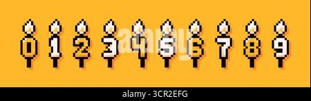 Un ensemble de bougies de gâteau d'anniversaire pixel art. Nombres de zéro à neuf pour n'importe quelle date. Illustration de Vecteur