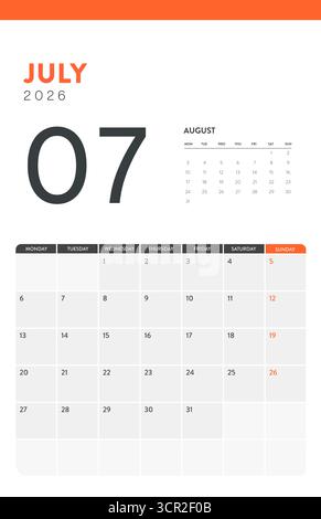 2026 disposition vectorielle de calendrier d'affaires, modèle de planificateur mensuel minimal moderne de bureau mural pour calendrier imprimé ou numérique. La semaine commence lundi. Échelle annuelle Illustration de Vecteur