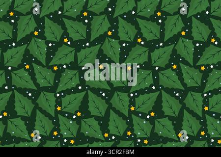 Motif sans couture traditionnel de Noël avec feuilles vertes et étoiles isolé sur fond sombre. Fond coloré avec des décorations de vacances d'hiver Illustration de Vecteur