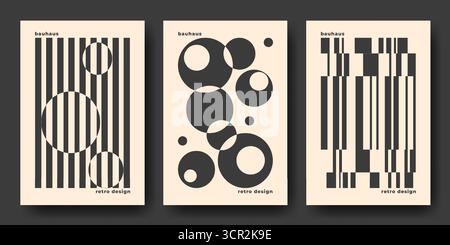 Couvertures noires minimalistes Bauhaus avec motifs géométriques et typographie rétro pour affiches ou mises en page éditoriales. Fonds beiges avec des rayures, des cercles et des formes rectangulaires. Design moderniste Illustration de Vecteur