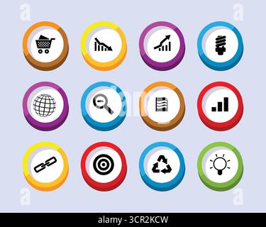 Collection d'icônes d'affaires et de technologie circulaires colorées sur un fond gris clair Illustration de Vecteur