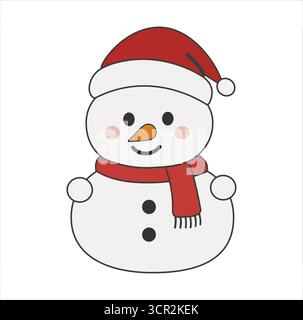 Joli bonhomme de neige de dessin animé portant une écharpe rouge et un chapeau, parfait pour les vacances, Noël et les conceptions de saison d'hiver. Illustration de Vecteur