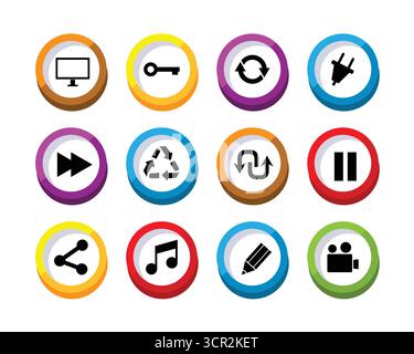 Collection d'icônes circulaires colorées représentant divers médias numériques et des fonctions technologiques isolées sur fond blanc Illustration de Vecteur
