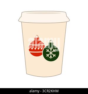 Tasse à café des fêtes avec ornements de Noël, boule rouge et flocon de neige vert, parfait pour les conceptions de saison de fête. Illustration de Vecteur