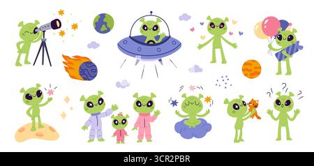 Personnages étrangers verts mignons. Petites mascottes UFO de dessin animé, créatures drôles d'enfants, différentes actions, poses, humanoïdes de l'espace, planètes et étoiles, cosmonaute Illustration de Vecteur