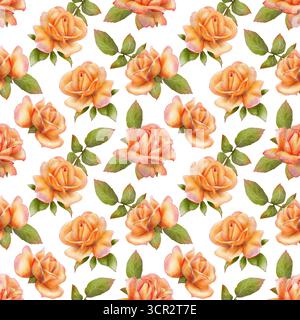 Motif répétitif avec bouquets de rose orange et feuilles vertes. Illustration botanique d'aquarelle sur fond blanc. Parfait pour les cartes d'anniversaire, le décor de mariage, le tissu et les invitations. Banque D'Images
