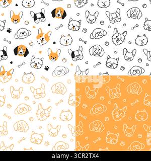Motif sans couture avec têtes de chiens de différentes races. Corgi, Beagle, Chihuahua, Terrier, Pomeranien Illustration de Vecteur