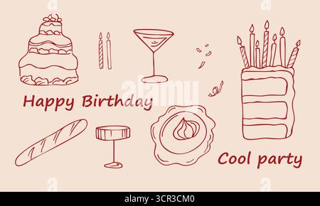 Set de gâteaux d'anniversaire rouges Doodles et verre Illustration de Vecteur