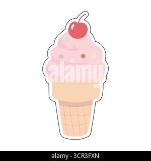 Crème glacée rose de dessin animé avec des saupoudres et cerise sur cône de gaufre. Idéal pour les thèmes de l'été, les livres pour enfants de marque alimentaire et les projets de conception ludiques Illustration de Vecteur