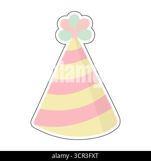 Chapeau de fête de style dessin animé avec des rayures roses et jaunes et pompon. Idéal pour les cartes d'anniversaire graphiques de fête affiches d'événement et le thème de célébration joyeux Illustration de Vecteur