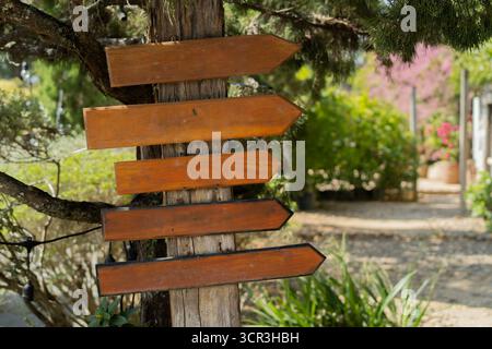 Cinq panneaux de direction en bois se tiennent sur le poteau près de l'arbre. Des panneaux vierges offrent des indications sur la journée ensoleillée avec jardin en arrière-plan. Les vacanciers trouvent des destinations. Banque D'Images