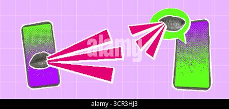 Modèle d'arrière-plan d'autocollants demi-teintes et pixels de médias sociaux. Téléphones avec des bouches humaines parlantes. Collage de communication numérique avec pixel art et magaz Illustration de Vecteur